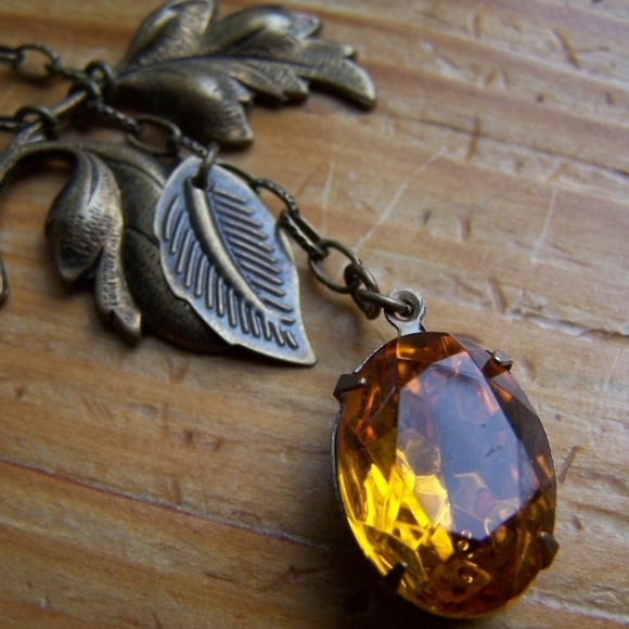 Autumn Vintage Yellow Gold Glass Jewel Necklace Earring Set, November Birthday - Picture 2 of 5